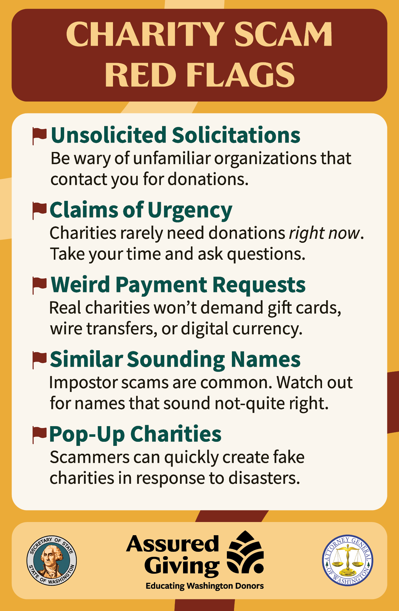 A flyer that says "Charity scam red flags. Unsolicited donations. Be wary of unfamiliar organizations that contact you for donations. Claims of urgency. Charities rarely need donations right now. Take your time and ask questions. Weird payment requests. Real charities won't demand gift cards, wire transfers, or digital currency. Similar sounding names. Impostor scams are common. Watch out for names that sound not-quite-right. Pop-up charities. Scammers can quickly create fake charities in response to disasters."