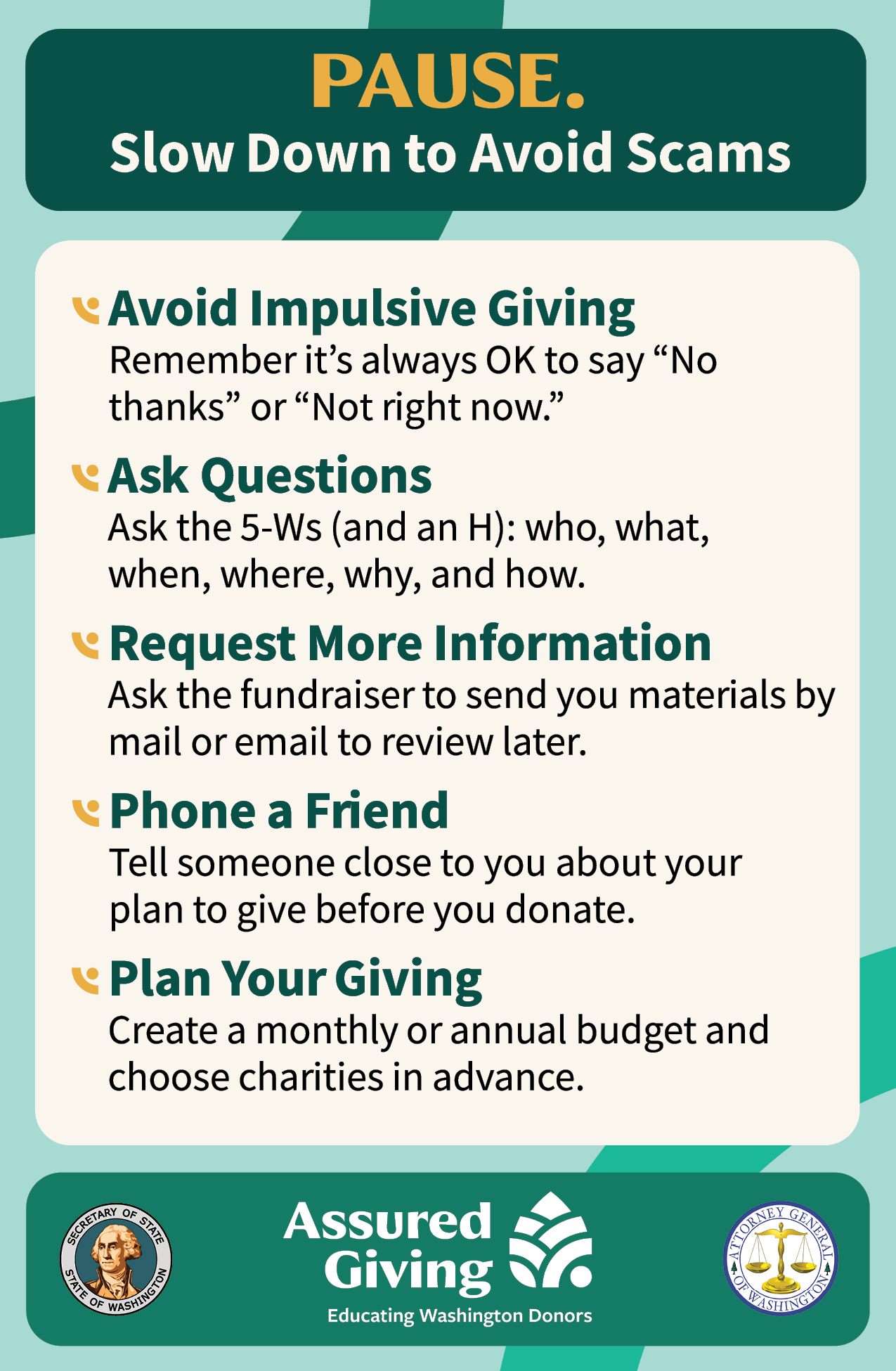 A flyer that says "Pause. Slow down to avoid scams. Avoid impulsive giving. Remember it's always OK to say `No thanks' or `Not right now.' Ask questions. Ask the 5 - Ws (and an H): who, what, when, where, why, and how. Request more information. Ask the fundraiser to send you materials by mail or email to review later. Phone a friend. Tell someone close to you about your plan to give before you donate. Plan your giving. Create a monthly or annual budget and choose charities in advance."