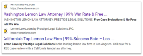 A screenshot of a Google search that says "Washington Lemon Law Attorney, 99% Win Rate & Free, Prestige Legal Solutions. Free Case Evaluations & No Fees."