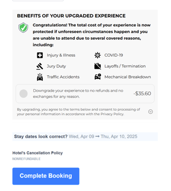 A screenshot showing that a consumer has to manually check the box, written in light grey font, that says "downgrade your experience to no refunds and no exchanges for any reason" in order to have the fee removed.