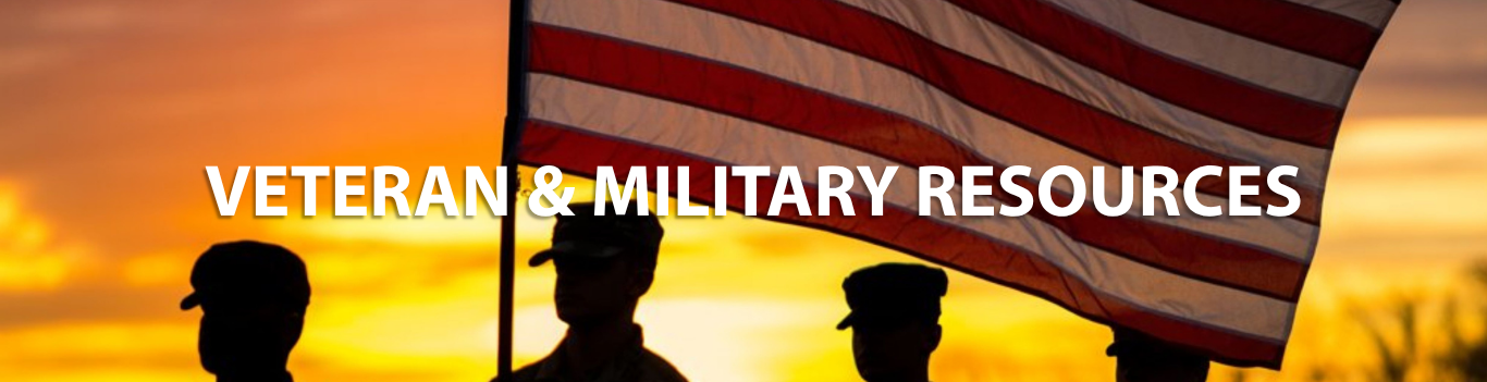 Silhouettes of four military personnel standing beneath a large American flag at sunset.