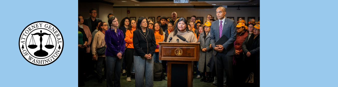 Lawmakers, workers, business owners, and Attorney General Nick Brown at a press conference.